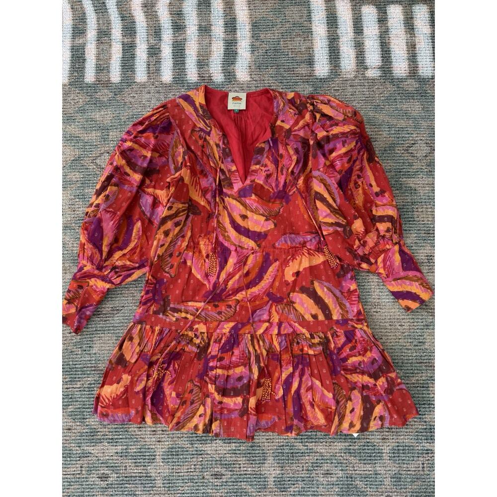 FARM Rio Women’s Size S Red Pink Tropical Print Peplum Blouse Puff Sleeve